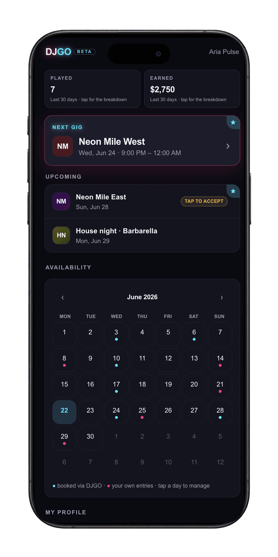 The DJGO DJ app — gigs, earnings, and an availability calendar