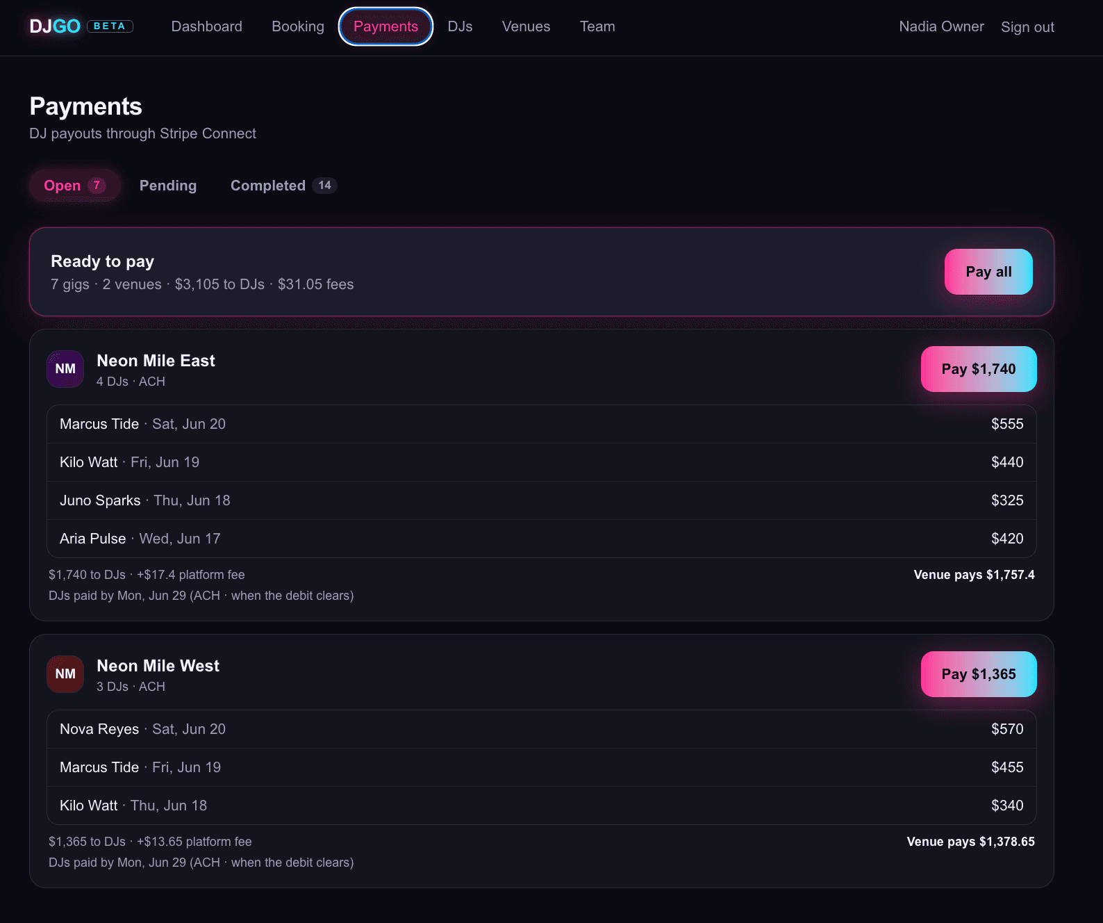 One-click DJ payouts across venues in DJGO, processed through Stripe